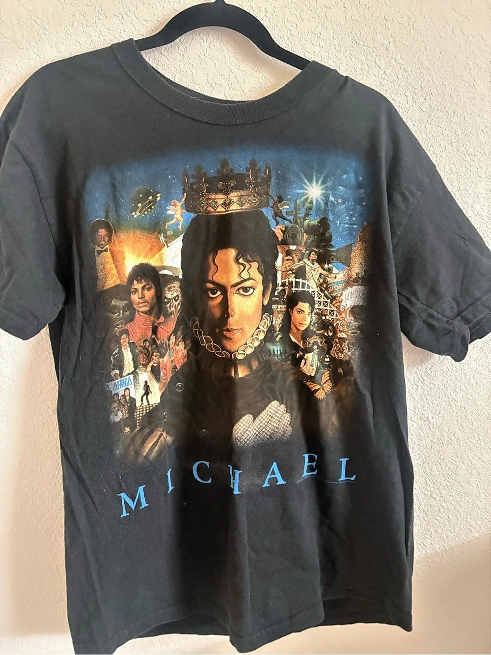 Black Michael Jackson King of Pop Collage T Shirt Blue Letter Hanes Size L